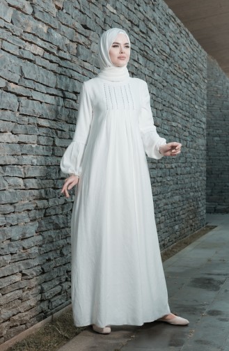 Strass Printed Umrah Dress Ecru 8050-01
