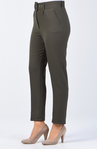 Belted Straight Leg Trousers 0909-05 Khaki Green 0909-05