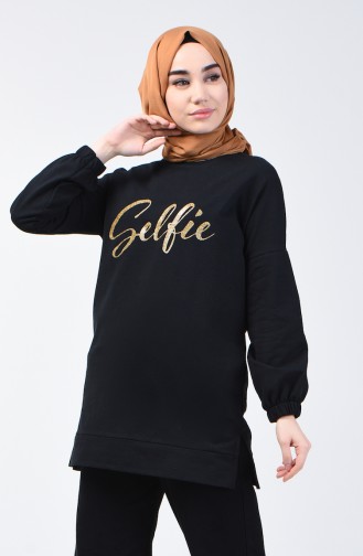 Elastic Sleeve Printed Sweatshirt 1400-04 Black 1400-04