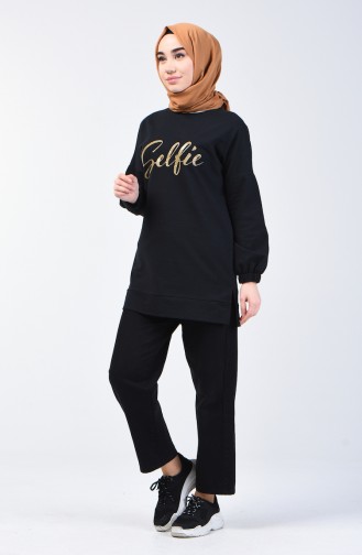 Elastic Sleeve Printed Sweatshirt 1400-04 Black 1400-04