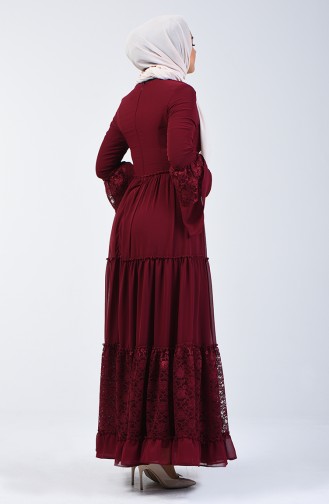 فستان بتفاصيل دانتيل أحمر كلاريت 81674-08