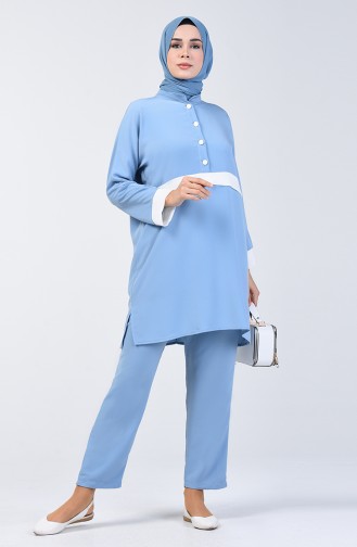 Buttoned Tunic Trousers Double Suit 6572-04 Ice Blue 6572-04