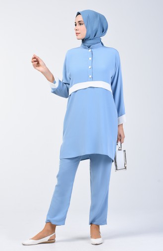 Buttoned Tunic Trousers Double Suit 6572-04 Ice Blue 6572-04