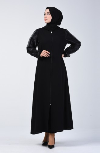 Abaya à Paillettes Manches en Organza 1057-01 Noir 1057-01