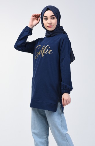 Sweatshirt Lettrage İmprimé à Manches Élastiques 1400-03 Bleu Marine 1400-03