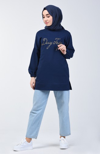 Text Printed Sweatshirt 1500-03 Navy Blue 1500-03