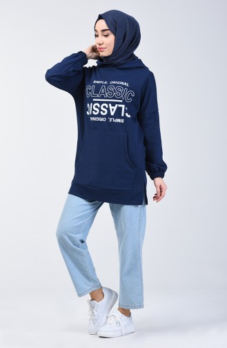 Text Printed Sweatshirt 1600-03 Navy Blue 1600-03