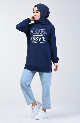 Sweatshirt Lettrage İmprimé 1600-03 Bleu Marine 1600-03