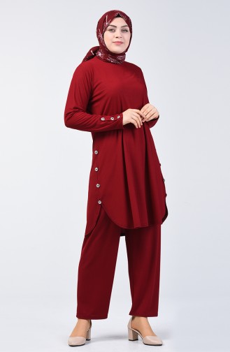 Plus Size Button Detailed Tunic Trousers Double Set 2695-01 Claret Red 2695-01