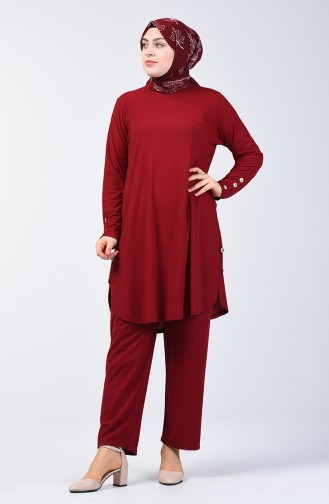 Plus Size Button Detailed Tunic Trousers Double Set 2695-01 Claret Red 2695-01