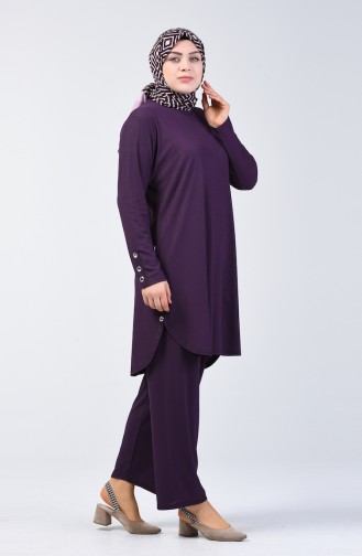 Plus Size Button Detailed Tunic Trousers Double Set 2695-02 Purple 2695-02