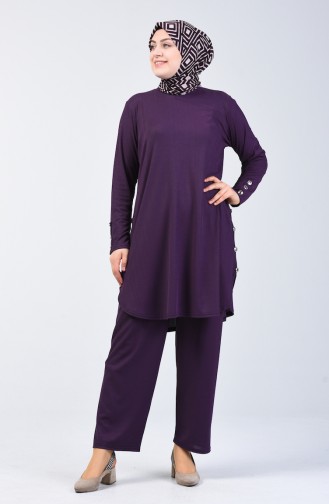 Plus Size Button Detailed Tunic Trousers Double Set 2695-02 Purple 2695-02