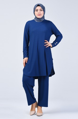 Plus Size Button Detailed Tunic Trousers Double Set 2695-05 Indigo 2695-05