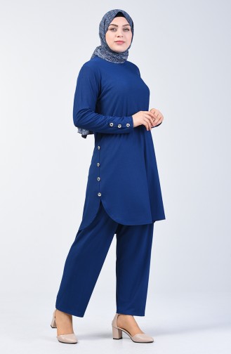 Plus Size Button Detailed Tunic Trousers Double Set 2695-05 Indigo 2695-05