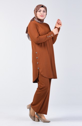 Plus Size Button Detailed Tunic Trousers Double Set 2695-07 Tobacco 2695-07