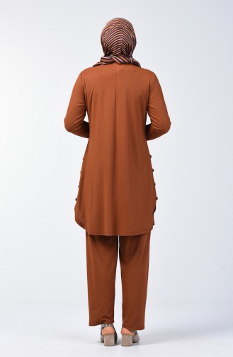 Büyük Beden Düğme Detaylı Tunik Pantolon İkili Takım 2695-07 Taba