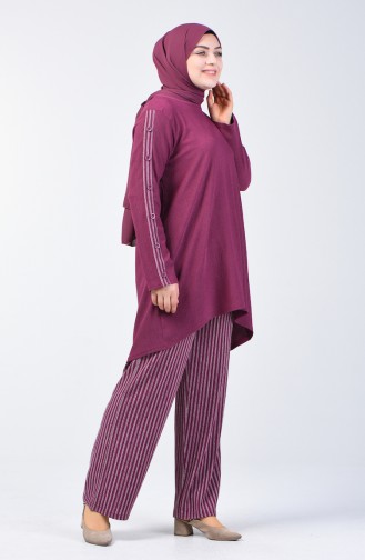 Plus Size Button Detailed Tunic Trousers Double Set 6051-04 Rose Dry 6051-04