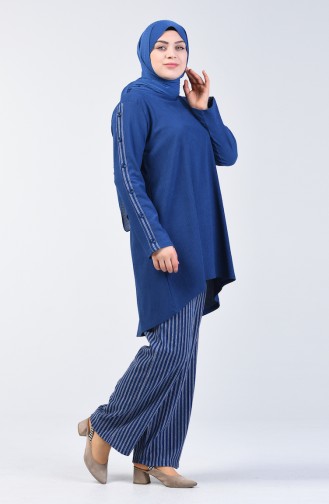 Büyük Beden Düğme Detaylı Tunik Pantolon İkili Takım 6051-05 Mavi