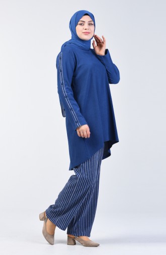 Plus Size Button Detailed Tunic Trousers Double Set 6051-05 Blue 6051-05