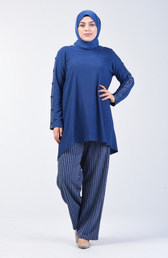 Plus Size Button Detailed Tunic Trousers Double Set 6051-05 Blue 6051-05