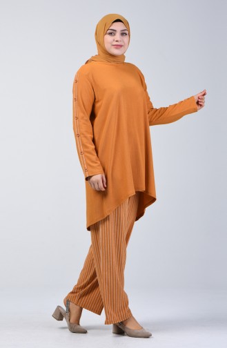 Plus Size Button Detailed Tunic Trousers Double Set 6051-06 Mustard 6051-06