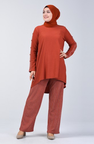 Plus Size Button Detailed Tunic Trousers Double Set 6051-07 Orange 6051-07