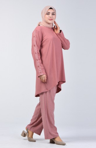 Plus Size Button Detailed Tunic Trousers Double Set 6051-08 Pink 6051-08