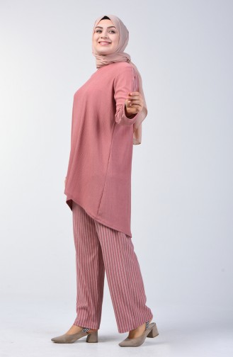 Plus Size Button Detailed Tunic Trousers Double Set 6051-08 Pink 6051-08