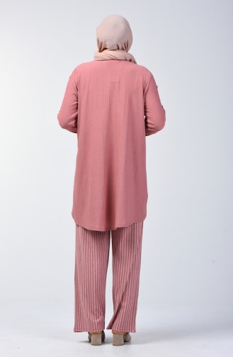 Büyük Beden Düğme Detaylı Tunik Pantolon İkili Takım 6051-08 Pembe