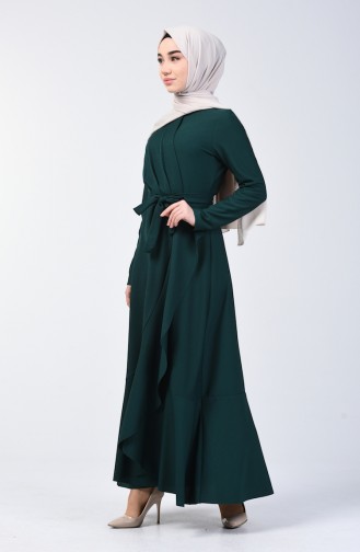 Volanlı Kuşaklı Elbise 4064-13 Zümrüt Yeşil