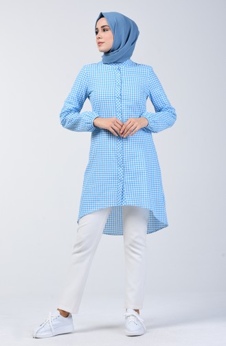 Asymmetrical Tunic with Gingham Pattern 8192-07 Baby Blue 8192-07