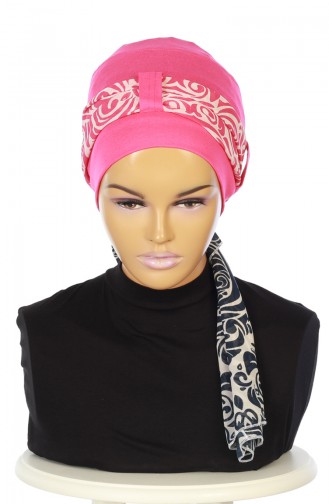 Gekämmter Bonnet mit Chiffon Schal  B0036-10-1 Fuchsia Fuchsia 0036-10-1