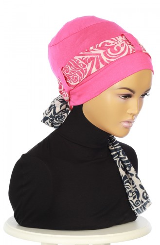 Gekämmter Bonnet mit Chiffon Schal  B0036-10-1 Fuchsia Fuchsia 0036-10-1