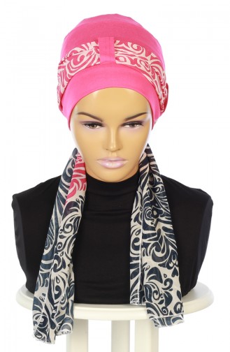 Gekämmter Bonnet mit Chiffon Schal  B0036-10-1 Fuchsia Fuchsia 0036-10-1