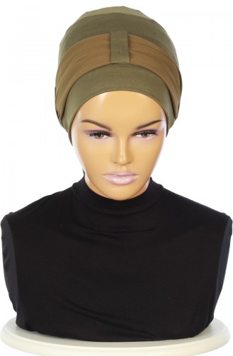 Gekämmter Bonnet mit Chiffon Schal  B0036-13-17 Khaki 0036-13-17