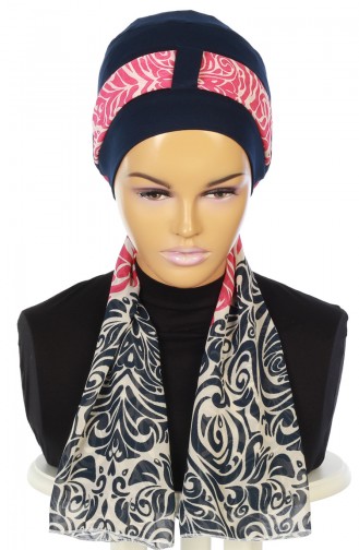 Chiffon Shawl Combed Bonnet B0036-1-1 Navy Blue Fuchsia 0036-1-1