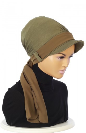 Bonnet Peigné avec Châle en Mousseline B0038-13-17 Khaki 0038-13-17