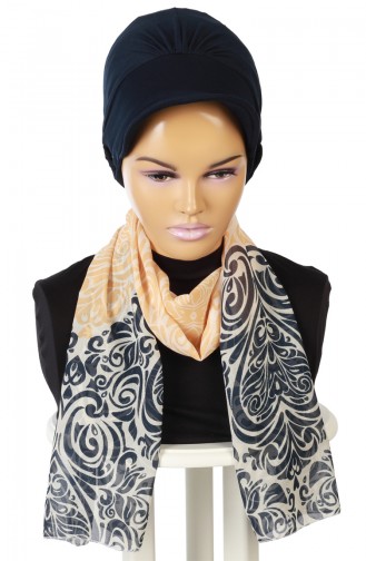 Şifon Şallı Siperlikli Bone B0038-1-S Lacivert Sarı