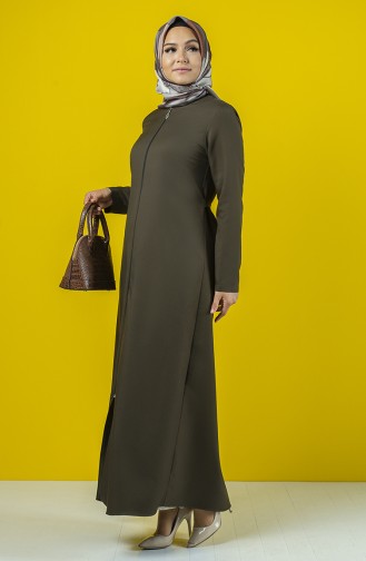 Abaya à Fermeture Avec Ceinture 2138-01 Khaki 2138-01