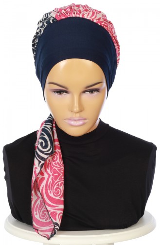 Turban Prêt HT0065-1-1 Bleu Marine Fuchsia 0065-1-1