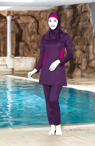 Plus Size Striped Islamic Swimsuit 0308-04 Purple 0308-04