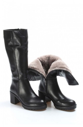 Fast Step Real Leather Black Furry High Heel Boots 407Kza2110 407KZA2110-16777229