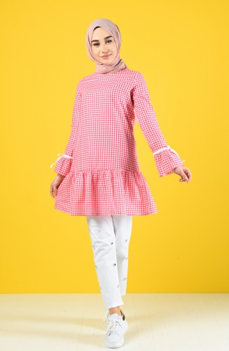 Gingham Patterned Tunic 8193-04 Fuchsia 8193-04