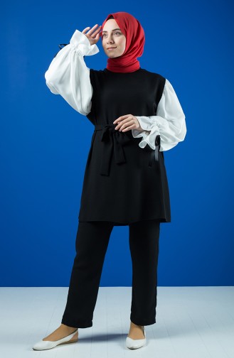 Kolları Bağlamalı Tunik Pantolon İkili Takım 1423-01 Siyah Beyaz 1423-01
