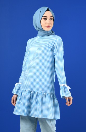 Gingham Patterned Tunic 8193-07 Baby Blue 8193-07