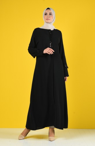 Abaya à Paillettes Avec Fermeture 1059-01 Noir 1059-01