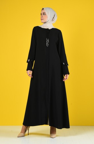 Abaya à Paillettes Avec Fermeture 1059-01 Noir 1059-01