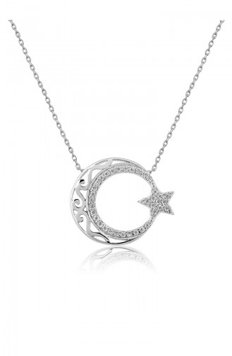 Collier Pierre de Zircon Motif Authentique Modèle Lune étoile en Argent Sterling 925 P475 Argent 475
