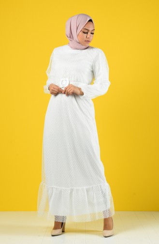 Tüy Detaylı Kemerli Abiye Elbise 2002-04 Beyaz