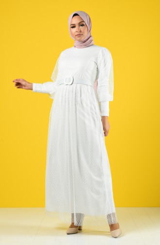 Kemerli Tül Abiye Elbise 2004-02 Beyaz